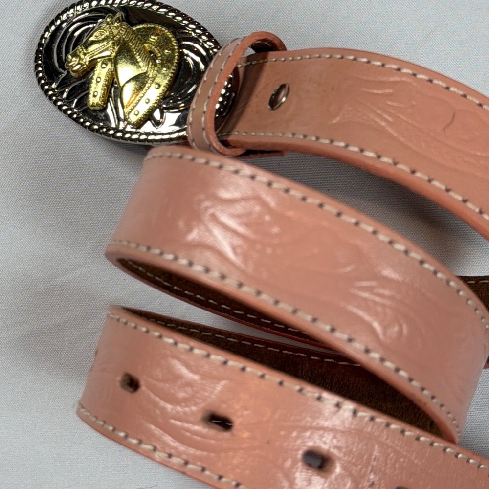 Nocona Belt Co Pink Genuine Leather Western Style Belt w/ Horse Buckle for girls